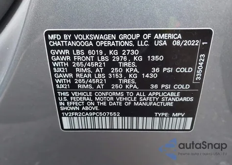2023 Volkswagen Atlas 3.6L V6 Sel Premium R-Line z USA, uszkodzony, nr VIN 1V2FR2CA9PC507552